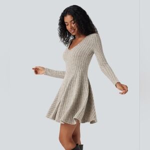 Ribbed Knit V Neck Long Sleeve Flare Mini Casual Dress